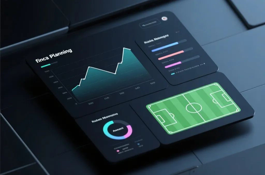 An abstract financial planning interface showing charts, risk management graphs, and a clean soccer pitch graphic